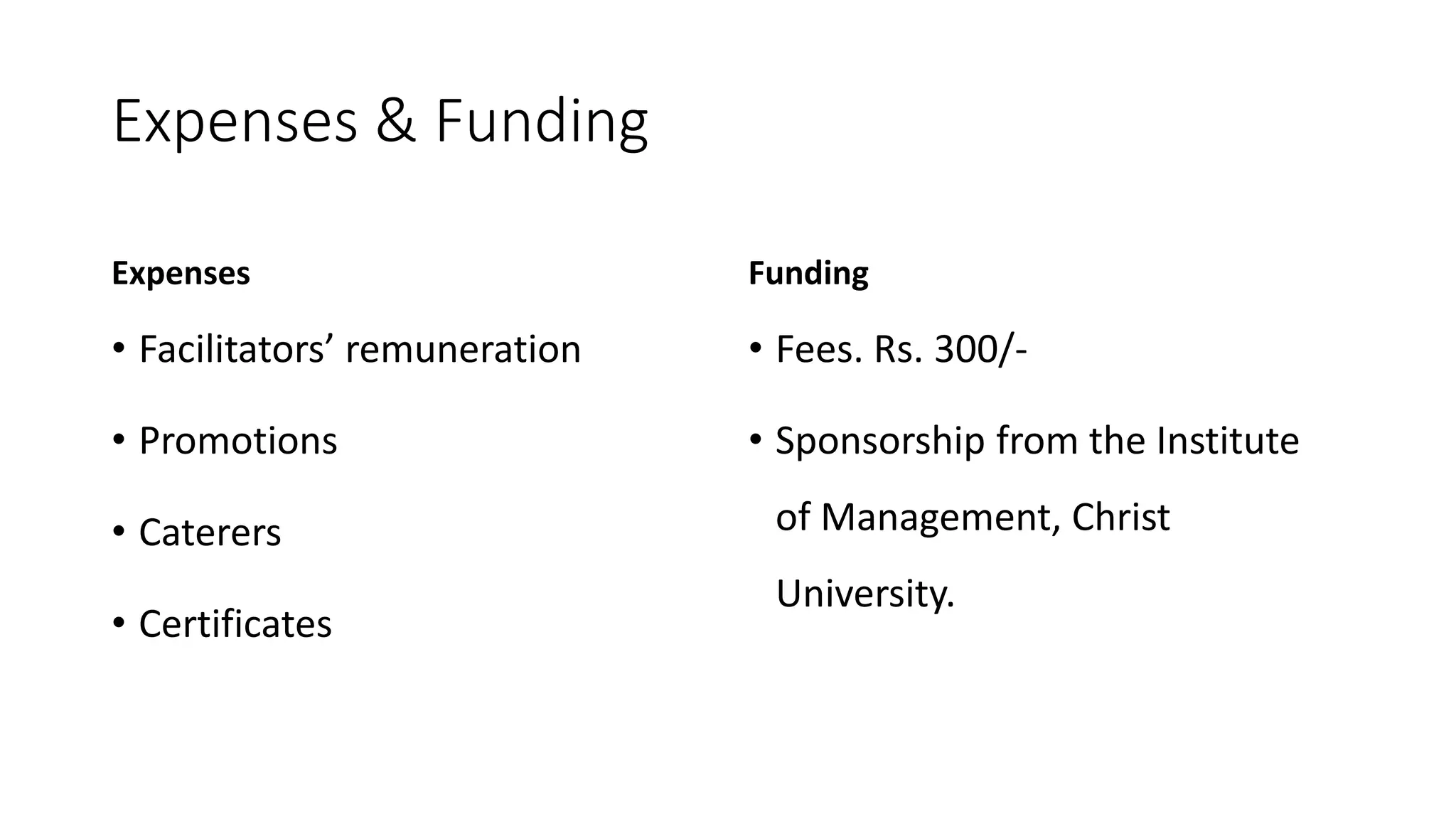 Expenses & Funding 
Expenses 
• Facilitators’ remuneration 
• Promotions 
• Caterers 
• Certificates 
Funding 
• Fees. Rs. 300/- 
• Sponsorship from the Institute 
of Management, Christ 
University. 
 