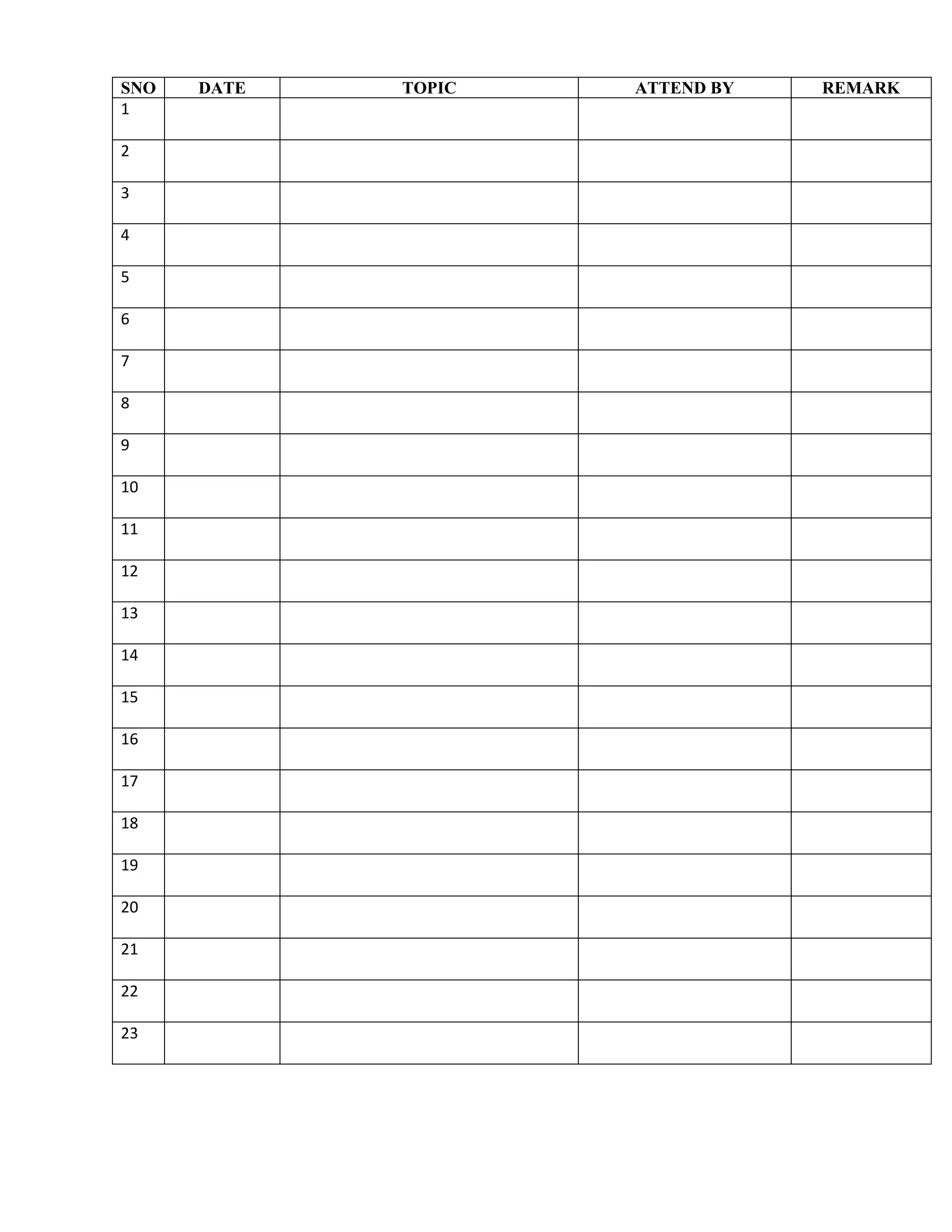 SNO DATE TOPIC ATTEND BY REMARK
1
2
3
4
5
6
7
8
9
10
11
12
13
14
15
16
17
18
19
20
21
22
23