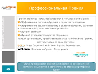 Профессиональная Премия Премия  Trainings INDEX  присуждается в четырех номинациях: «Эффективная система обучения и развития персонала» «Эффективное решение (проект) в области обучения, развития и повышения результативности персонала» «Лучший  start-up » «Лучший руководитель центра обучения» Каждая организация, предоставившая эссе на соискание Премии,  получает один из двух статусов: GOLD:  Great Opportunities in Learning and Development WELearn :  Компания обучает. Люди учатся. Статус присваивается Экспертным Советом   на основании эссе компаний-номинантов  в соответствии со строгими критериями оценки 