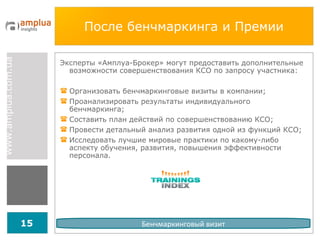 После бенчмаркинга и Премии Эксперты «Амплуа-Брокер» могут предоставить дополнительные возможности совершенствования КСО по запросу участника: Организовать бенчмаркинговые визиты в компании; Проанализировать результаты индивидуального бенчмаркинга; Составить план действий по совершенствованию КСО; Провести детальный анализ развития одной из функций КСО; Исследовать лучшие мировые практики по какому-либо аспекту обучения, развития, повышения эффективности персонала. Бенчмаркинговый визит 