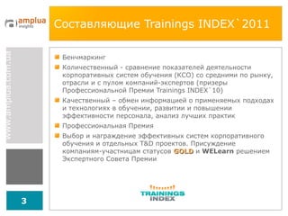 Составляющие  Trainings INDEX`2011 Бенчмаркинг Количественный - сравнение показателей деятельности  корпоративных систем обучения (К C О) со средними по рынку, отрасли и с пулом компаний-экспертов (призеры Профессиональной Премии  Trainings INDEX`10 ) Качественный – обмен информацией о применяемых подходах и технологиях в обучении, развитии и повышении эффективности персонала, анализ лучших практик Профессиональная Премия Выбор и награждение эффективных систем корпоративного обучения и отдельных  T&D  проектов. Присуждение компаниям-участницам статусов  GOLD   и  WELearn  решением Экспертного Совета Премии 