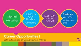 Career Opportunities ! 
Let Start Mileageof Online Business With Us 
Freelancer 
With 100+ 
Professional Skills 
SEO , SEM & Brand Analyst 
Build Your Own Des/Dev 
Company 
Internet 
Marketing 