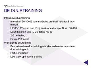 Testen anaërobe uithoudingsvermogenMeten van vermogen of de hoogste uitwendige arbeid. B.v verticale sprongtest (jump and reach)Anaerobe capaciteitstesten meten de maximale inspanning gedurende een bepaalde duur (30 tot 120 sec)Meest gebruikte is Wingate test http://www.youtube.com/watch?v=20GzJGp1oQY&feature=related