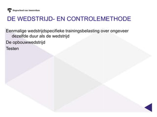 De duurtrainingIntensieve duurtrainingIntensiteit 90-100% van anaërobe drempel (lactaat 3 tot 4 mmol.l-1HF 80-100% van de HF bij anaërobe drempel Duur: 30-100’Duur: blokken van 10-30’ totaal 45-60’2-6 herhalingPauze 2-3’ actiefWisselende duurtrainingEen extensieve duurtraining met (korte) blokjes intensieve duurtraining er inFartlekmethodeLijkt sterk op interval training