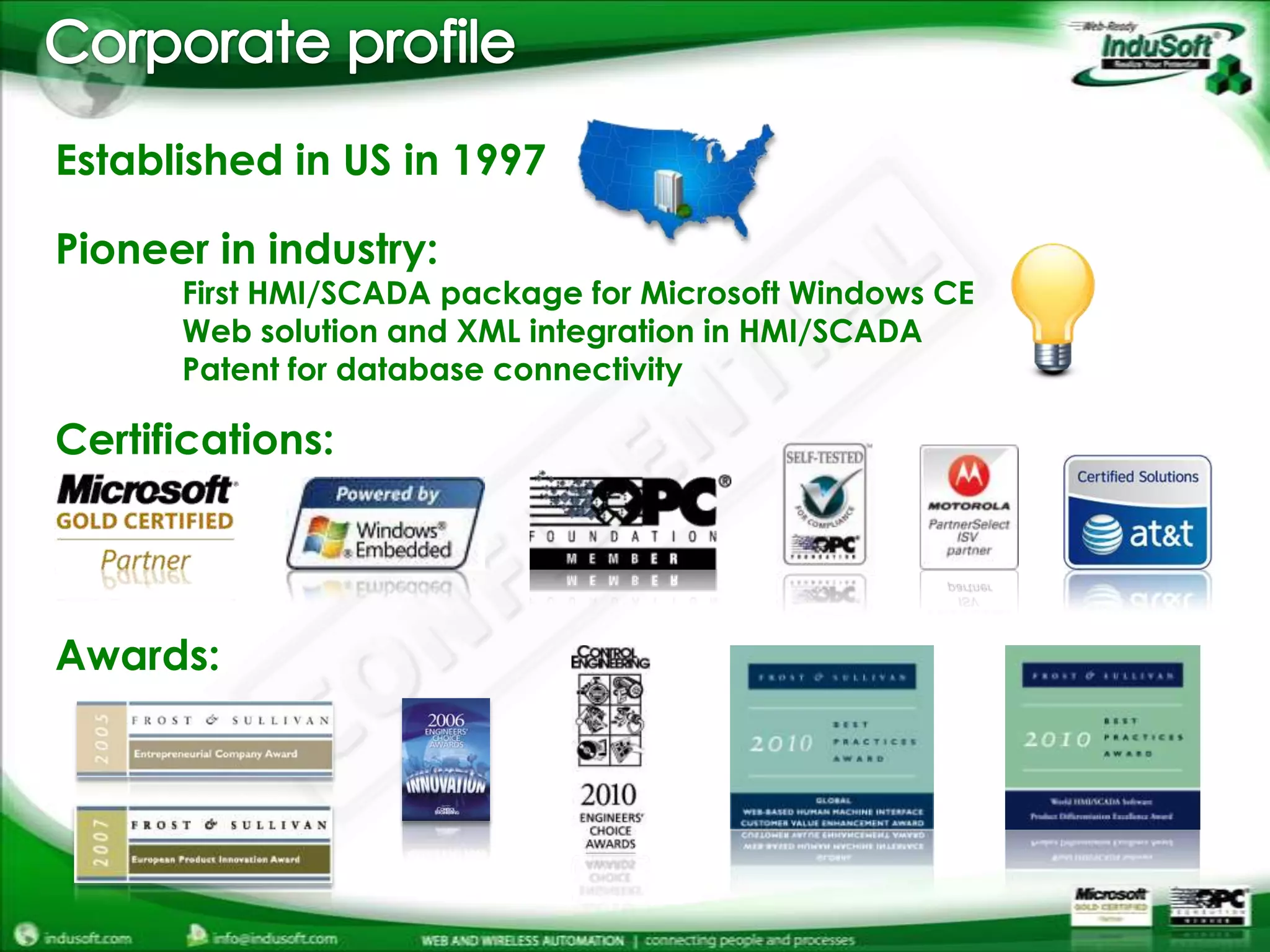 Corporate profileEstablished in US in 1997Pioneer in industry: 	First HMI/SCADA package for Microsoft Windows CE	Web solution and XML integration in HMI/SCADA	Patent for database connectivityCertifications:Awards: