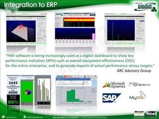 Integration to ERP“HMI software is being increasingly used as a digital dashboard to show key performance indicators (KPIs) such as overall equipment effectiveness (OEE) for the entire enterprise, and to generate reports of actual performance versus targets.”							ARC Advisory Group