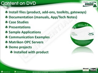 Content on DVD Install files (product, add-ons, toolkits, gateways) Documentation (manuals, App/Tech Notes) Case Studies Presentations Sample Applications Communication ExamplesMatrikon OPC Servers Demo projects Installed with product