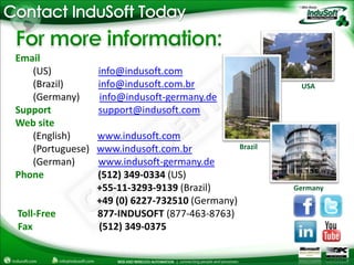 Contact InduSoft TodayFor more information:Email(US) 	     info@indusoft.com(Brazil)     	     info@indusoft.com.br(Germany)        info@indusoft-germany.deSupportsupport@indusoft.comWeb site(English)           www.indusoft.com(Portuguese)   www.indusoft.com.br(German)	     www.indusoft-germany.dePhone (512) 349-0334 (US)+55-11-3293-9139 (Brazil)+49 (0) 6227-732510 (Germany)Toll-Free877-INDUSOFT (877-463-8763)Fax (512) 349-0375USABrazilGermany