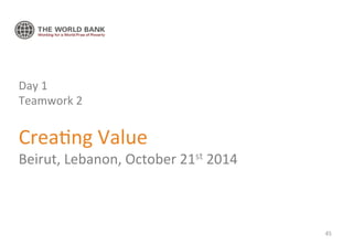 Day 
1 
Teamwork 
2 
Crea'ng 
Value 
Beirut, 
Lebanon, 
October 
21st 
2014 
45 
 