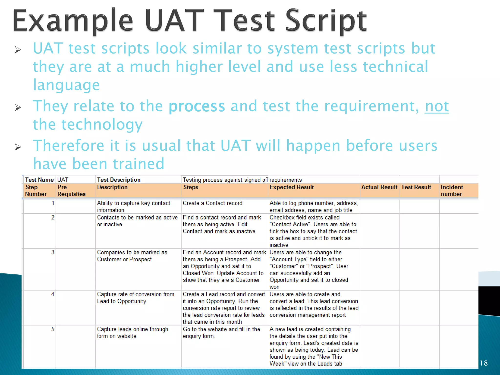    UAT test scripts look similar to system test scripts but
    they are at a much higher level and use less technical
    language
   They relate to the process and test the requirement, not
    the technology
   Therefore it is usual that UAT will happen before users
    have been trained




                                                               18
 
