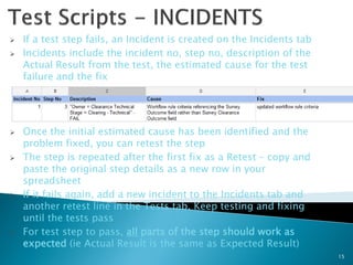    If a test step fails, an Incident is created on the Incidents tab
   Incidents include the incident no, step no, description of the
    Actual Result from the test, the estimated cause for the test
    failure and the fix




   Once the initial estimated cause has been identified and the
    problem fixed, you can retest the step
   The step is repeated after the first fix as a Retest – copy and
    paste the original step details as a new row in your
    spreadsheet
   If it fails again, add a new incident to the Incidents tab and
    another retest line in the Tests tab. Keep testing and fixing
    until the tests pass
   For test step to pass, all parts of the step should work as
    expected (ie Actual Result is the same as Expected Result)
                                                                        15
 