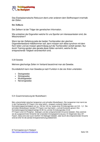 Das Elastoplasmatische Reticulum dient unter anderem dem Stofftransport innerhalb
der Zellen.

Der Zellkern

Der Zellkern ist der Träger der genetischen Information.

Wie entstehen die Organellen welche für uns Sportler am interessantesten sind, die
Mitochondrien?

Wenn bei der Zellteilung jede der beiden Tochterzellen den gleichen
Organellenbestand mitbekommen soll, dann müssen sich diese synchron mit dem
Kern teilen und sie müssen gleichmässig auf die Tochterzellen verteilt werden. Nur
durch Training werden also gerade diese Zellen vermehrt, welche für die
entsprechende Tätigkeit verantwortlich sind.



5.20 Gewebe

Mehrere gleichartige Zellen im Verband bezeichnet man als Gewebe.

Grundsätzlich kann man Gewebe je nach Funktion in die vier Arten unterteilen.

   •   Deckgewebe
   •   Stützgewebe
   •   Muskelgewebe
   •   Nervengewebe




5.31 Zusammensetzung der Muskelfasern


Man unterscheidet zwischen langsamen und schnellen Muskelfasern. Die Langsamen man nennt sie
in der Fachsprache ST-Fasern (von slow twitch = langsam zuckend) haben eine
Kontraktionsgeschwindigkeit von ca. 100 bis 140 ms. sowie einen Ermüdungsindex von 0.8 - 1.2 Die
schnellen Muskelfasern werden FT-Fasern (von fast twitch = schnell Zuckend) genant. Ihre
Kontraktionsgeschwindigkeit beträgt 40-90 ms und der Ermüdungsindex 0-0.8.
FT-Fasern sind mit Phosphat , Glykogen und den entsprechenden Enzymen beladen. Dies zeichnet
sie als ausgezeichnete Verwerter der anaeroben Energiegewinnung aus. Im Gegensatz dazu ST-
Fasern, diese sind zwar auch reichlich mit Glykogen beladen, aber durch die entsprechenden Enzyme
sind sie eher für die aerobe Energieverwertung prädestiniert.




© Trainingsplanung im Radsport
http://www.msporting.com/planung                                                        Seite 105
 