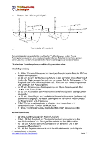 Konkret ist das oben dargestellte Bild in zahlreichen Veröffentlichungen zu dem Thema
Trainingsplanung zu sehen, aber messbare Angaben über die Zeitachse können keine gemacht
werden, da diese von den unterschiedlichsten Faktoren abhängig sind. (Heterochronozität)

Die einzelnen Ermüdungsformen und ihre Regenerationszeiten

Schnelle Regenerierung

   •   3 - 6 Min. Wiederauffüllung der hochwertigen Energiedepots (Beispiel ADP auf
       Kosten von Glykogen)
   •   bis 30 Min. Beginn der Glykogenauffüllung in den schnellen Muskelfasern (auf
       Kosten der Glykogenspeicher und zum geringeren Teil der Fettreserven.) Ein
       Ausgleich der Unterzuckerung findet statt. Rückkehr von Herzschlagvolumen
       und Blutdruck zum Ausgangswert.
   •   bis 35 Min. Einstellen des Gleichgewichtes im Säure-Basenhaushalt. Blut-
       Lacktat unter 3 mmol/Liter
   •   bis 60 Min. Nachlassen der Proteinsynthese-Hemmung in der beanspruchten
       Muskulatur
   •   ca. 90 Min. Umschlagen von kataboler (abbauende) in anabole (aufbauende)
       Stoffwechselvorgänge. Ab dieser Zeit beginnt ein verstärkter Proteinumsatz
       zur Regeneration und Anpassung.
   •   2 Std. Wiederherstellung in der ermüdeten neuromuskulären und
       sensomotorischen Funktion der Muskulatur.
   •   1 - 3 Std. vollständiger Abbau des Blutlacktats (nach Belastungsende)

Normale Regenerierung

   •   ab 6 Std. Elektrolytausgleich (Natrium, Kalium)
   •   6 Std. - 24 Std. Ausgleich im Flüssigkeitshaushalt; Normalisierung des
       Verhältnisses fester und Flüssiger Bestandteile im Blut (Hämatokrit)
   •   12 - 38 Std. Auffüllen der Glykogenspeicher (in der Leber und in den
       langsamen Muskelfasern)
   •   12 - 48 Std. Regeneration von kontraktilem Muskeleiweiss (Aktin Myosin)
© Trainingsplanung im Radsport
http://www.msporting.com/planung                                                      Seite 17
 