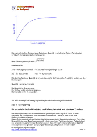 Die maximal mögliche Steigerung der Belastungs-Quantität innerhalb einer Saison (Periodenplan)
wird durch die nachfolgende Formel begrenzt:


Neue Belastungsverträglichkeit =

Dabei bedeutet:

AsQ = die Ausgangsquantität. Für gesunde Trainingsanfänger ca. 20

ZiQ = die Zielquantität           max. 160 (Spitzenprofi)

Die oben häufig zitierte Quantität ist ein aus planerischer Sicht benötigtes Produkt. Es besteht aus den
Beziehungen:

Quantität = Umfang x Intensität

Die Quantität ist dimensionslos.
Der Umfang wird in Minuten angegeben.
Die Intensität wird in % Angegeben.




Aus den Grundlagen des Bewegungslernens geht das dritte Trainingsprinzip hervor.

3.6) 3. Trainingsprinzip

Die periodische Ungleichförmigkeit von Umfang , Intensität und Inhalt des Trainings.

Die über längere Zeiträume aufrechterhaltenen gleichartigen Belastungsreize führen zu einer
Stagnation des Formaufbaues. Aus diesem Grunde muss das Training in allen Stufen eine
Ungleichförmigkeit aufweisen.
Dieses Trainingsprinzip gilt auch bei den Hochleistungssportler im Dauerleistungsbereich. Wenn über
längere Zeiträume der Dauerleistungsbereich mit dem speziellen Trainingsmittel, dem Rad aufgebaut
und gefestigt wird, so kann in der Zwischensaison in diesem Bereich mit einer alternativen Sportart
eine vergleichsweise grössere Steigerung der Belastungsverträglichkeit erreicht werden.
© Trainingsplanung im Radsport
http://www.msporting.com/planung                                                               Seite 21
 
