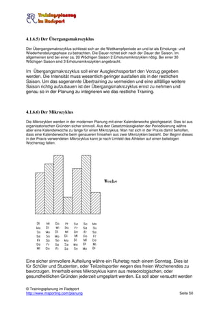 4.1.6.5) Der Übergangsmakrozyklus

Der Übergangsmakrozyklus schliesst sich an die Wettkampfperiode an und ist als Erholungs- und
Wiederherstelungsphase zu betrachten. Die Dauer richtet sich nach der Dauer der Saison. Im
allgemeinen sind bei einer ca. 20 Wöchigen Saison 2 Erholunsmikrozyklen nötig. Bei einer 30
Wöchigen Saison sind 3 Erholunsmikrozyklen angebracht.

Im Übergangsmakrozyklus soll einer Ausgleichssportart den Vorzug gegeben
werden. Die Intensität muss wesentlich geringer ausfallen als in der restlichen
Saison. Um das sogenannte Übertraining zu vermeiden und eine allfällige weitere
Saison richtig aufzubauen ist der Übergangsmakrozyklus ernst zu nehmen und
genau so in der Planung zu integrieren wie das restliche Training.



4.1.6.6) Der Mikrozyklus

Die Mikrozyklen werden in der modernen Planung mit einer Kalenderwoche gleichgesetzt. Dies ist aus
organisatorischen Gründen sicher sinnvoll. Aus den Gesetzmässigkeiten der Periodisierung währe
aber eine Kalenderwoche zu lange für einen Mikrozyklus. Man hat sich in der Praxis damit beholfen,
dass eine Kalenderwoche beim genaueren hinsehen aus zwei Mikrozyklen besteht. Der Beginn dieses
in der Praxis verwendeten Mikrozyklus kann je nach Umfeld des Athleten auf einen beliebigen
Wochentag fallen.




Eine sicher sinnvollere Aufteilung währe ein Ruhetag nach einem Sonntag. Dies ist
für Schüler und Studenten, oder Teilzeitsportler wegen des freien Wochenendes zu
bevorzugen. Innerhalb eines Mikrozyklus kann aus meteorologischen, oder
gesundheitlichen Gründen jederzeit umgeplant werden. Es soll aber versucht werden

© Trainingsplanung im Radsport
http://www.msporting.com/planung                                                          Seite 50
 