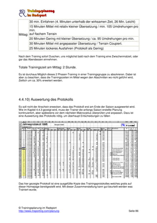 30 min. Einfahren (4. Minuten unterhalb der wirksamen Zeit, 26 Min. Leicht)
        15 Minuten Mittel mit relativ kleiner Übersetzung / min. 105 Umdrehungen pro
        min.
Mittag: auf flachem Terrain
        20 Minuten Gering mit kleiner Übersetzung / ca. 95 Umdrehungen pro min.
         30 Minuten Mittel mit angepasster Übersetzung / Terrain Coupiert.
         25 Minuten lockeres Ausfahren (Protokoll als Gering)

Nach dem Training sofort Duschen, uns möglichst bald nach dem Training eine Zwischenmalzeit, oder
gar das Abendessen einnehmen.


Totale Trainingszeit am Mittag: 2 Stunde.

Es ist durchaus Möglich dieses 2 Phasen-Training in einer Trainingsgruppe zu absolvieren. Dabei ist
aber zu beachten, dass die Trainingszeiten im Mittel wegen den Abschnitten wo nicht geführt wird,
Zeitlich um ca. 30% erweitert werden.




4.4.10) Auswertung des Protokolls
Es soll nicht der Anschein erwecken, dass das Protokoll erst am Ende der Saison ausgewertet wird.
Wie im Kapitel 4.4.3 gezeigt wird, muss der Trainer die anfangs Saison erstellte Planung
kontinuierlich, aber spätestens vor dem nächsten Makrozyklus überprüfen und anpassen. Dazu ist
eine Auswertung des Protokolls nötig, um überhaupt Entscheidungen zu fällen




Das hier gezeigte Protokoll ist eine ausgefüllte Kopie des Trainingsprotokolles welches gratis auf
dieser Homepage bereitgestellt wird. Mit dieser Zusammenstellung kann gut beurteilt werden was
Trainiert wurde.




© Trainingsplanung im Radsport
http://www.msporting.com/planung                                                              Seite 86
 