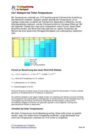 5.8-1 Radsport bei Tiefen Temperaturen

Bei Temperaturen unterhalb von 10° beschleunigt der Fahrtwind die Auskühlung
                                    C
des Menschen erheblich. Subjektiv werden deshalb die Temperaturen um so
niedriger empfunden, je stärker der Fahrtwind ist. Besonders in Abfahrten, wo die
Wärmeproduktion reduziert- und der Fahrtwind erhöht ist, tritt dieser Effekt auf. Mit
der folgenden Tabelle kann nach einer verbesserten neuen Formel, dieser Effekt
berechnet werden. Der Wind-Chill-Index gibt also an, welche Temperatur der
Mensch bei einer bestimmten Windgeschwindigkeit und Lufttemperatur tatsächlich
fühlt.




Formel zur Berechnung des neuen Wind Chill Effektes
                                     (0.16)                  (0.16)
Twc = 13.12 + 0.6215 x T – 11.37 x V          + 0.3965 x T x V

Twc = Wind Chill Temperature (in °C ) Celsius

T = Lufttemperatur (in ° ) Celsius
                        C

V = Geschwindigkeit (in km/H)

Klinische Versuche mit dieser neuen Formel wurden am Institut für Klimamedizin in Toronto, Kanada
gemacht um Schwellenwerte für Frostbeulen zu definieren.

Die zeitlichen Angaben in der obigen Tabelle wurden von msporting.com definiert und sind einerseits
auf energetische und andererseits auf Überlegungen im Zusammenhang mit der Periodisierung in der
Trainingsplanung (Ermüdung und Erholung, Gesundheit der Atemorgane) zurückzuführen.
Die Zeitlichen Angaben sind sicher vom gesunden Sportler in einem täglichen Training ohne
gesundheitlichen Risiken zu absolvieren.

Verhalten bei tiefen Temperaturen:

Bei tiefen Temperaturen ist die Bekleidung wichtig. Diese sollte immer so gewählt
werden, dass man selber keine Frostgefühle empfindet. Lange Beinkleider sind
schon bei Temperaturen unterhalb von 15° immer zu empfehlen.
                                          C


© Trainingsplanung im Radsport
http://www.msporting.com/planung                                                           Seite 99
 