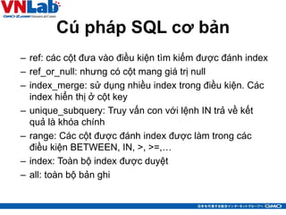 Cú pháp SQL cơ bản
– ref: các cột đưa vào điều kiện tìm kiếm được đánh index
– ref_or_null: nhưng có cột mang giá trị null
– index_merge: sử dụng nhiều index trong điều kiện. Các
index hiển thị ở cột key
– unique_subquery: Truy vấn con với lệnh IN trả về kết
quả là khóa chính
– range: Các cột được đánh index được làm trong các
điều kiện BETWEEN, IN, >, >=,…
– index: Toàn bộ index được duyệt
– all: toàn bộ bản ghi
21
 