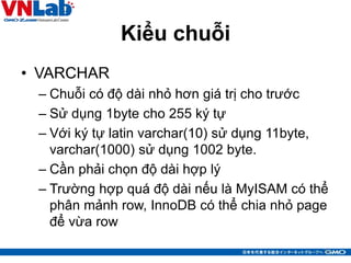 Kiểu chuỗi
• VARCHAR
– Chuỗi có độ dài nhỏ hơn giá trị cho trước
– Sử dụng 1byte cho 255 ký tự
– Với ký tự latin varchar(10) sử dụng 11byte,
varchar(1000) sử dụng 1002 byte.
– Cần phải chọn độ dài hợp lý
– Trường hợp quá độ dài nếu là MyISAM có thể
phân mảnh row, InnoDB có thể chia nhỏ page
để vừa row
31
 