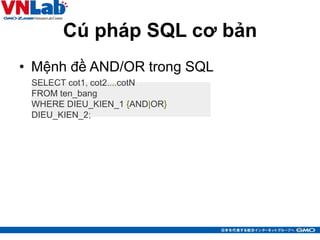 Cú pháp SQL cơ bản
• Mệnh đề AND/OR trong SQL
9
SELECT cot1, cot2....cotN
FROM ten_bang
WHERE DIEU_KIEN_1 {AND|OR}
DIEU_KIEN_2;
 