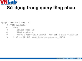 Sử dụng trong query lồng nhau
21
mysql> EXPLAIN SELECT *
-> FROM products
-> JOIN (
-> SELECT prod_id
-> FROM products
-> ...