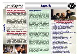 About Us
           About LSMI – www.leansigma.asia               About Dr.Jagadish Barik
           (Lean Sigma Management Institute)             Dr Jagadish Barik has nearly twenty one years of
           The Dr. Jagadish Barik’s Lean Sigma           experience in manufacturing & Service Industries
           Management Institute (LSMI) is focussed on    in deployment of Lean, Six Sigma, Business
           high quality, customer responsive education   Excellence models ( RBNQA,CII-EXIM, Deming)
           ,consultancy,     research  and    advisory   TQM ,TPM, 5S,BSC, BPMS, SPC, Kaizen,
           services to corporations & goverments.        Visual Management, Quality Circle, Idea
           Education solutions involve training and      Management, Change Management and other
           certification    programs    and    related   Quality initiatives . Through research of all best
           consultancy services supported by research    practices being followed at Japan and U.S.A ,he          Training & Certification Programs
           and concentrating on areas of specific        has developed a simple, Jargon free                          ( Joint Certification by LSMI & NCQM)
           corporate and government development and      and     integrated 6-level total organisational       • Six Sigma Green Belt (ASQ/ Dr.Mikel Harry’s
About Us




           enquiry. Primary purpose of LSMI is to        excellence model for organisations to
                                                                                                                 Six Sigma Management Institute) – 4 days
           provide training and consultancy to           become        worldclass , suitable for Indian
                                                         industries and culture . He has deployed Lean         • Six Sigma Black Belt (ASQ/SSMI) – 16 days
           business organisations for improving                                                                • Six Sigma Black Belt- DFSS – 5 days
           quality,     productivity  and    customer    Six Sigma initiatives in various organisations
                                                         across the globe such as SKF, Reliance,Hankel,        • Six Sigma Master Black Belt – 20 days
           satisfaction while reducing cycletime and
           cost .                                        Xchanging Technology etc.                             • Lean Expert – 4 days
                                                                                                               • Statistical Process Control- 3 days
           About National Centre of Quality              He is a Certified Six Sigma Black Belt from ASQ,      • Business Process Transformation (BPT)- 1 day
           Management ( NCQM) : www.ncqm.com             QCI & QIMPRO and Certified Master Black Belt          • Kaizen basics – 1 day
           NCQM was established in 1985 by a group of    from ISI-Bangalore. He is trained and                 • Kaizen Event- 5 days
           eminent industrialists and professionals as   Certified on WCM/Lean by Confederation of
                                                                                                               • Quality Circle – 2days
           a not-for-profit organization devoted to      Indian Industies (CII). He is trained and Certified
                                                         by AOTS, Japan on Quality Management· He
                                                                                                               • Measurement System Analysis – 1 day
           promote quality at National Level. It is a
                                                         has hands on exposure at Toyota Production            • Process capability study – 1 day
           premier professional institution engaged in
           promoting Quality culture in Indian           Sstems. He has trained more than 1000 Green           • Quality Function Deployment- 1 day
           economy through services like training,       Belts and more than 200 Black Belts in DMAIC,         • KANO Analysis – 1 day
           education, seminars, publications, research   DFSS and LEAN methodology. He has                     • Design of Experiment – 3 days
           and advisory services.                        completed and coached more than 600 projects          • Failure mode and effect analysis- 1 day
                                                         across various organisations in manufacturing         • 5S Workshop – 2days
                                                         and service areas across the world. He is a           • Value Stream Mapping – 1 day
                                                         certified examiner for RBNQA & CII-EXIM               • Problem solving tools – 2 days
                                                         business excellence award. He is a Sr.Member
                                                                                                               • Change Management – 1day
                                                         of ASQ, Six Sigma forum, ISQ, IAOP,
                                                         ISSP,AIMA, DMA and Centre coordinator of              • Lean Six Sigma Overview – 1 day
                                                         NCQM at Delhi-NCR.                                    • Advance Statistical Tools – 3 days
                                                                                                               • Cost of Poor Quality (COPQ)- 1 day
 