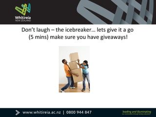 Don’t laugh – the icebreaker… lets give it a go
(5 mins) make sure you have giveaways!
 