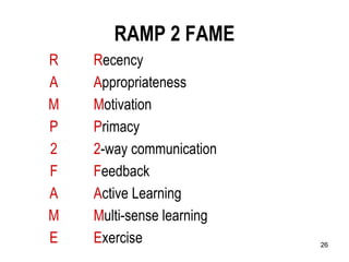 26
RAMP 2 FAME
R Recency
A Appropriateness
M Motivation
P Primacy
2 2-way communication
F Feedback
A Active Learning
M Multi-sense learning
E Exercise
 