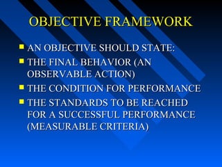 OBJECTIVE FRAMEWORK
 AN OBJECTIVE SHOULD STATE:
 THE FINAL BEHAVIOR (AN
  OBSERVABLE ACTION)
 THE CONDITION FOR PERFORMANCE
 THE STANDARDS TO BE REACHED
  FOR A SUCCESSFUL PERFORMANCE
  (MEASURABLE CRITERIA)
 