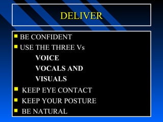 DELIVER
 BE CONFIDENT
 USE THE THREE Vs

      VOICE
      VOCALS AND
      VISUALS
 KEEP EYE CONTACT
   KEEP YOUR POSTURE
   BE NATURAL
 