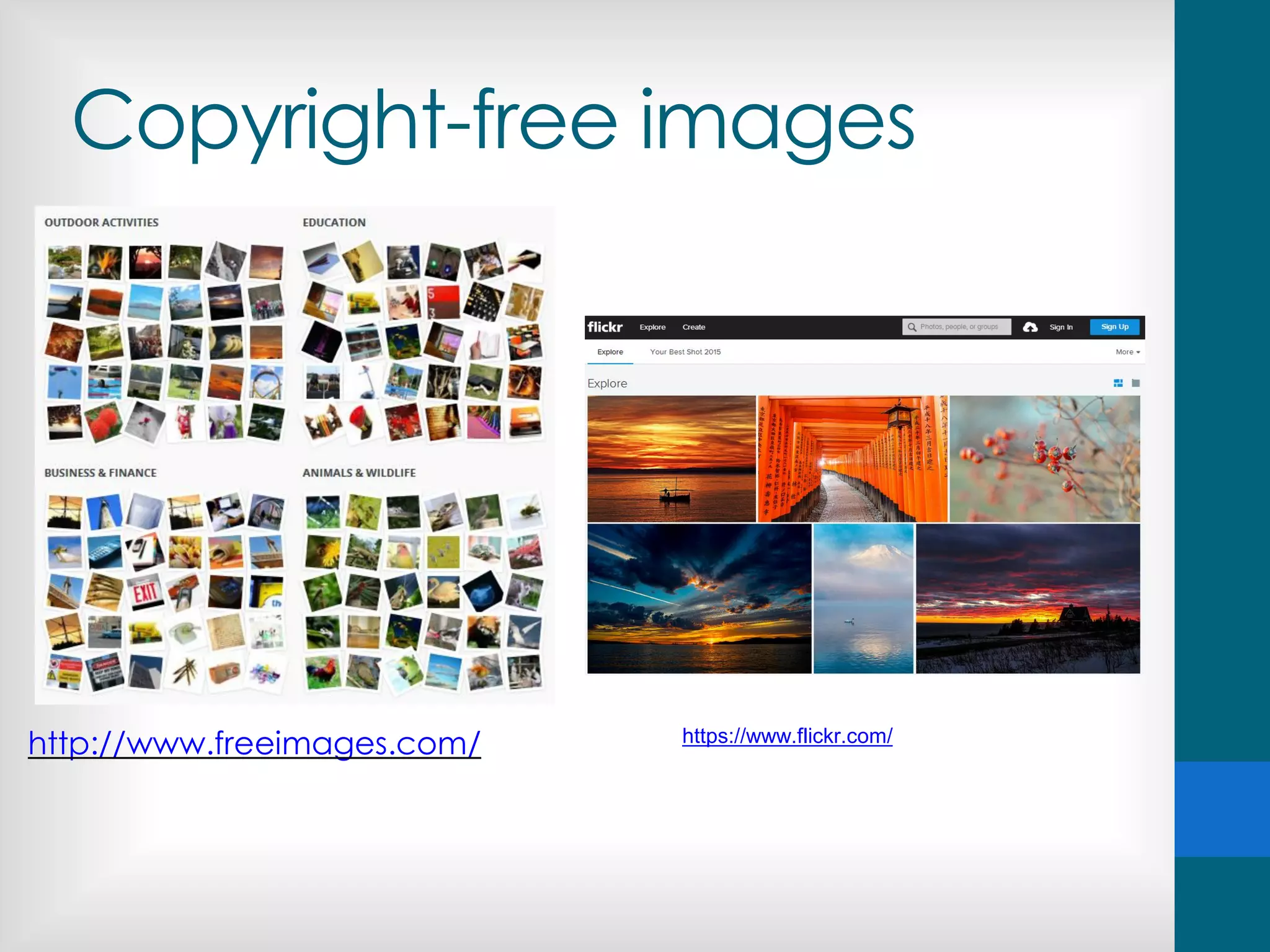 Copyright-free images
http://www.freeimages.com/ https://www.flickr.com/
 