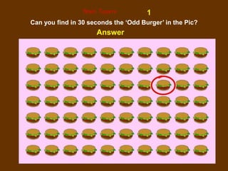 26
1
Brain Teasers
Can you find in 30 seconds the ‘Odd Burger’ in the Pic?
Answer
 