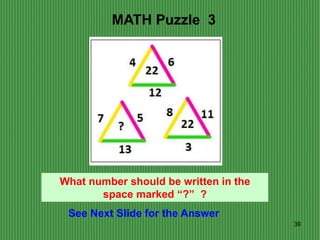39
See Next Slide for the Answer
MATH Puzzle 3
What number should be written in the
space marked “?” ?
 