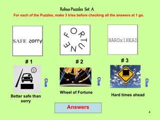 4
Rebus Puzzles Set A
# 1 # 2 # 3
For each of the Puzzles, make 3 tries before checking all the answers at 1 go.
Clue
Clue
Clue
Answers
Better safe than
sorry
Wheel of Fortune
Hard times ahead
 
