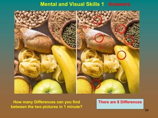 69
Mental and Visual Skills 1 Answers
How many Differences can you find
between the two pictures in 1 minute?
There are 8 Differences
 