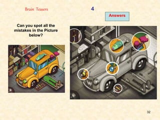 32
Brain Teasers 4
Can you spot all the
mistakes in the Picture
below?
Answers
 