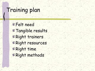 Training plan Felt need Tangible results Right trainers Right resources Right time Right methods 