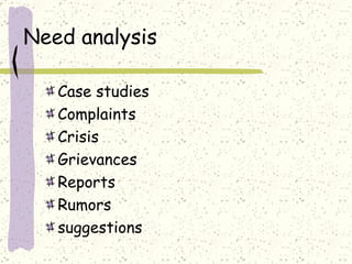 Need analysis Case studies Complaints Crisis Grievances Reports Rumors suggestions 