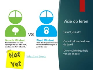 Visie op leren
Geloof je in de:
Ontwikkelbaarheid van
de jezelf
De ontwikkelbaarheid
van de andere
Video Carol Dweck
 