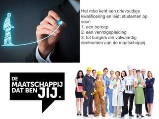 Het mbo kent een drievoudige
kwalificering en leidt studenten op
voor:
1. een beroep,
2. een vervolgopleiding
3. tot burgers die volwaardig
deelnemen aan de maatschappij.
 