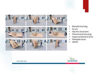 Gepersonaliseerde leeromgeving?
• Blended learning
• Scrum
• Flip the classroom
• Phenomenal learning
• Gepersonaliseerd leren
• Werkplek leren
• MOOC
 