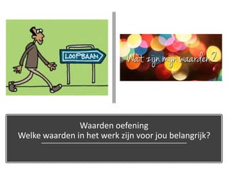 Waarden oefening
Welke waarden in het werk zijn voor jou belangrijk?
 