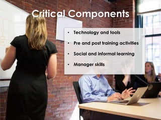 Critical Components
•

Technology and tools

•

Pre and post training activities

• Social and informal learning
•

Manager skills

 