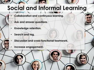 Social and Informal Learning
•

Collaboration and continuous learning.

• Ask and answer questions.
•

Knowledge retention.

•

Search and tag.

• Discussion and cross-functional teamwork.
•

Increase engagement.

 