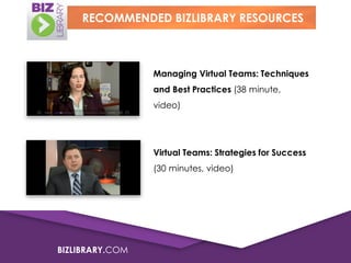 RECOMMENDED BIZLIBRARY RESOURCES

Managing Virtual Teams: Techniques
and Best Practices (38 minute,
video)

Virtual Teams: Strategies for Success
(30 minutes, video)

BIZLIBRARY.COM

 