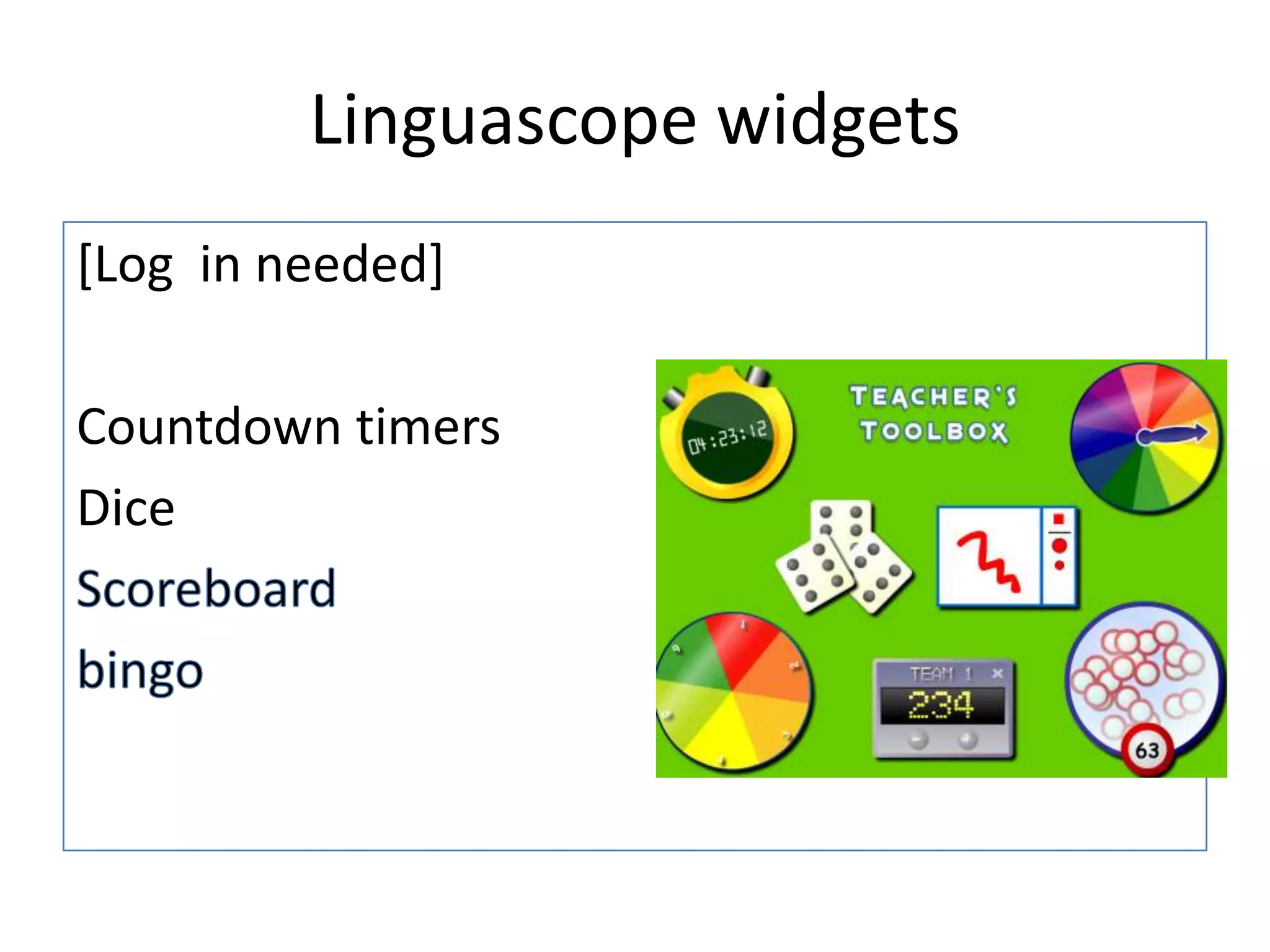 Linguascope widgets
[Log in needed]
Countdown timers
Dice

 