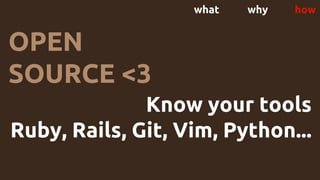 what why how
OPEN
SOURCE <3
Know your tools
Ruby, Rails, Git, Vim, Python...
 