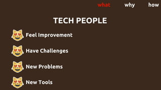 - Feel Improvement
Have Challenges
New Problems
New Tools
TECH PEOPLE
what why how
 