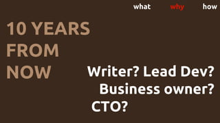 what why how
10 YEARS
FROM
NOW Writer? Lead Dev?
Business owner?
CTO? Leave tech?
 