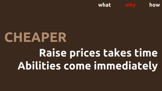 what why how
Raise prices takes time
Abilities come immediately
CHEAPER
 